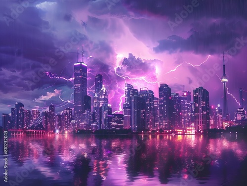 Experience the breathtaking scene of a lightning storm illuminating the cityscape with a captivating purple glow. Witness the fusion of natural power and urban beauty in this mesmerizing display