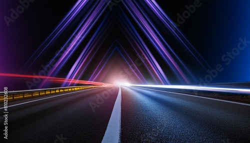 rayons lumineux neons sur une route de nuit mouvement direct eclair de lumiere bleu rose mauve et blanc eclat lumineux espace vide pour conception et creation graphique banniere
