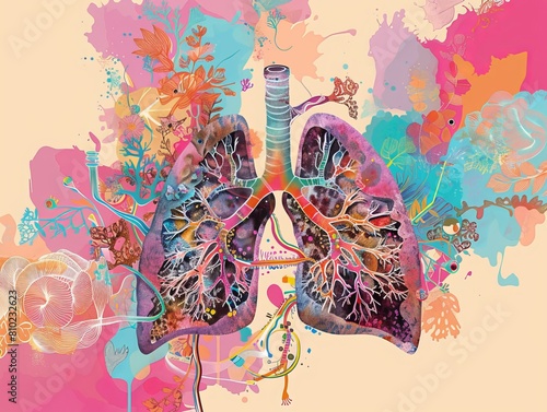 Visualize the intricacies of human lungs with a schematic illustration highlighting various elements, set against a vibrant colored background. Create a compelling collage that educates and engages photo