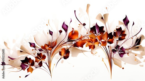 Light  bright illustration of freesia blossoms in rust and plum on a white background