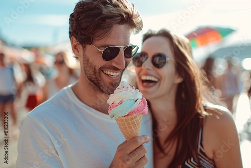 A happy couple sharing a colorful ice cream cone on a bustling boardwalk  the seaside scenery softly blurred