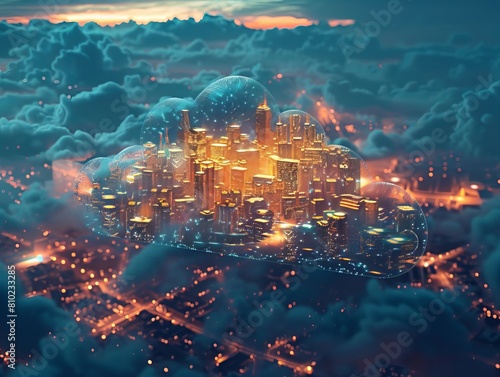 Visualize the future of smart cities and cloud computing with a concept image showcasing wireless internet communication  cloud storage  and services. 