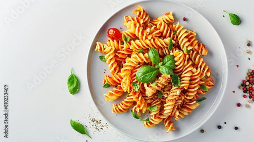 Plate with healthy pasta on white background