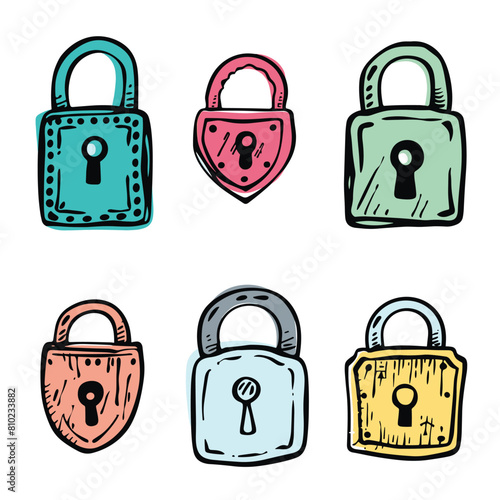 Six colorful cartoon padlocks handdrawn, security locks doodle style. Different shapes colors, security concept isolated white background. Artistic lock illustrations, safety icons set