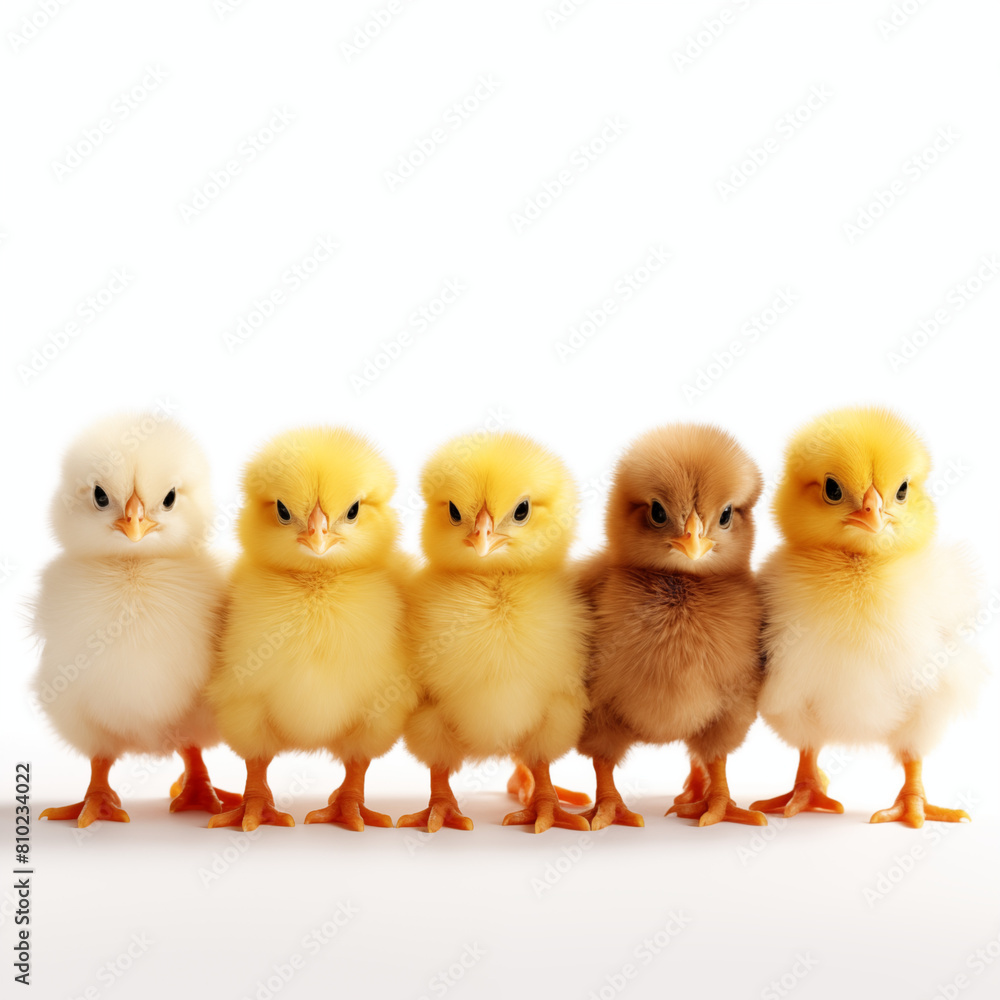 Adorable Group of Fluffy Chicks in Various Colors on White Background
