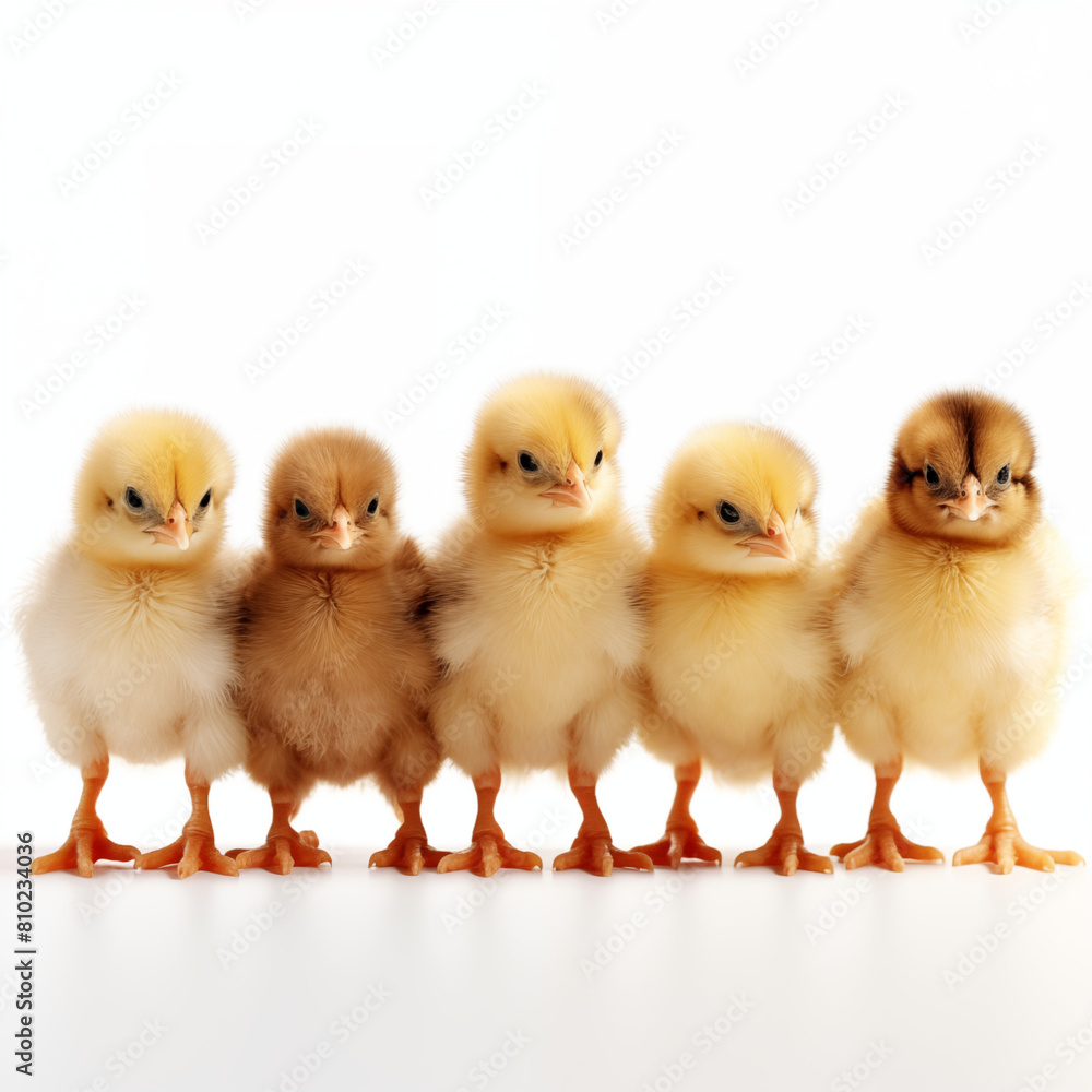 Adorable Group of Fluffy Chicks in Various Colors on White Background
