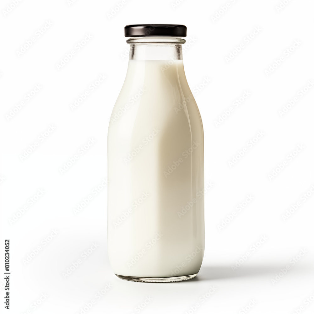 Glass bottle of fresh milk with a metal cap against a white background Glass bottle of fresh milk with a metal cap against a white background
