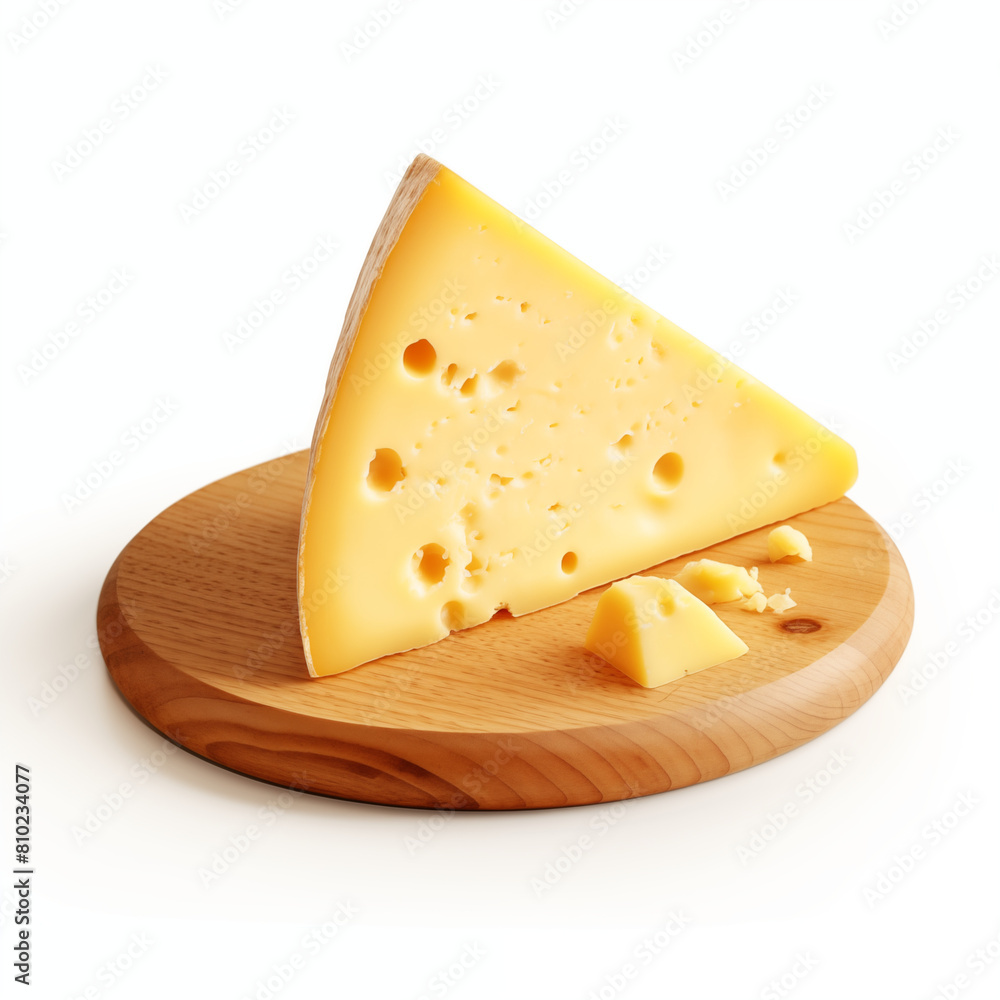 Triangle wedge of Swiss cheese on a round wooden board against a white background
