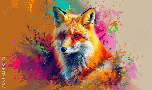 Indulge in the enchanting charm of nature with a colorful portrait of a fox, enveloped by splashes of rainbow hues, emanating a sense of grace and mystique