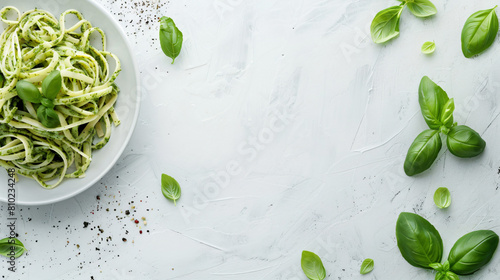 Plate with pesto pasta on white grunge background
