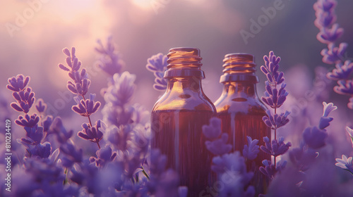 Two bottles of aromatherapy essential oil with fresh lavender flowers