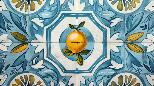 Amazing vintage light blue mosaic background with lemons (Portuguese / Spanish style)