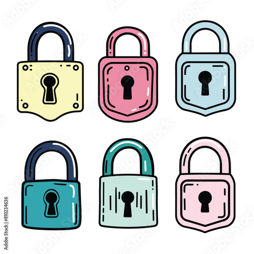Handdrawn padlocks colorful cartoon style, six security locks illustration grouped, lock displays different vibrant color, keyhole visible, securing safety privacy concept, graphic design. Cartoon