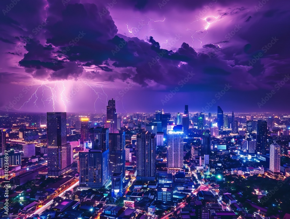 Fototapeta premium Experience the breathtaking scene of a lightning storm illuminating the cityscape with a captivating purple glow. Witness the fusion of natural power and urban beauty in this mesmerizing display
