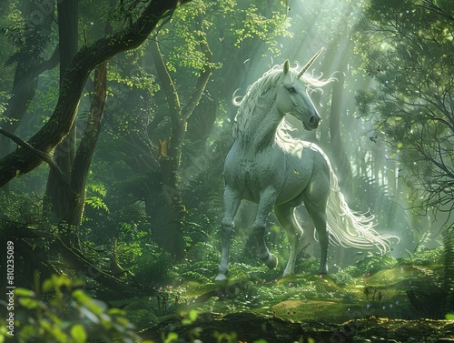 Enter the enchanting realm of a magical forest where a beautiful unicorn roams freely  captured in a captivating digital illustration