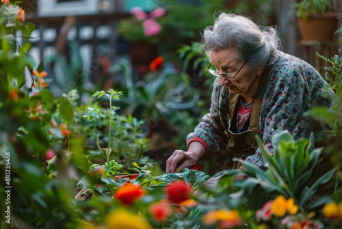 A senior citizen contentedly gardening in a colorful backyard, surrounded by lush foliage, the scene softly blurred