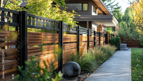 Emphasize the sustainable aspect of the solar panel fence by capturing it in an eco-friendly environment.