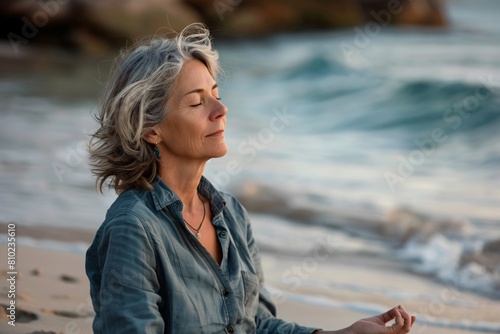 A middle-aged woman peacefully meditating on a secluded beach, attuned to the sound of waves and the salty scent of the sea breeze