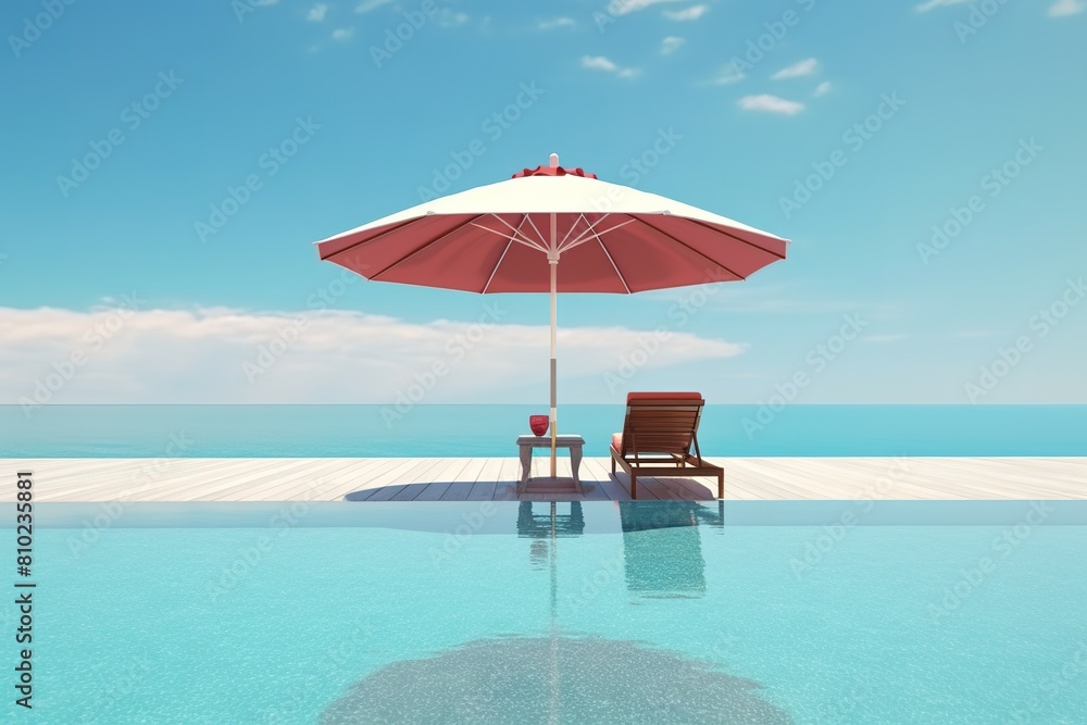Fototapeta premium Poolside Umbrella and Sunbeds Provide Idyllic Ocean Escape