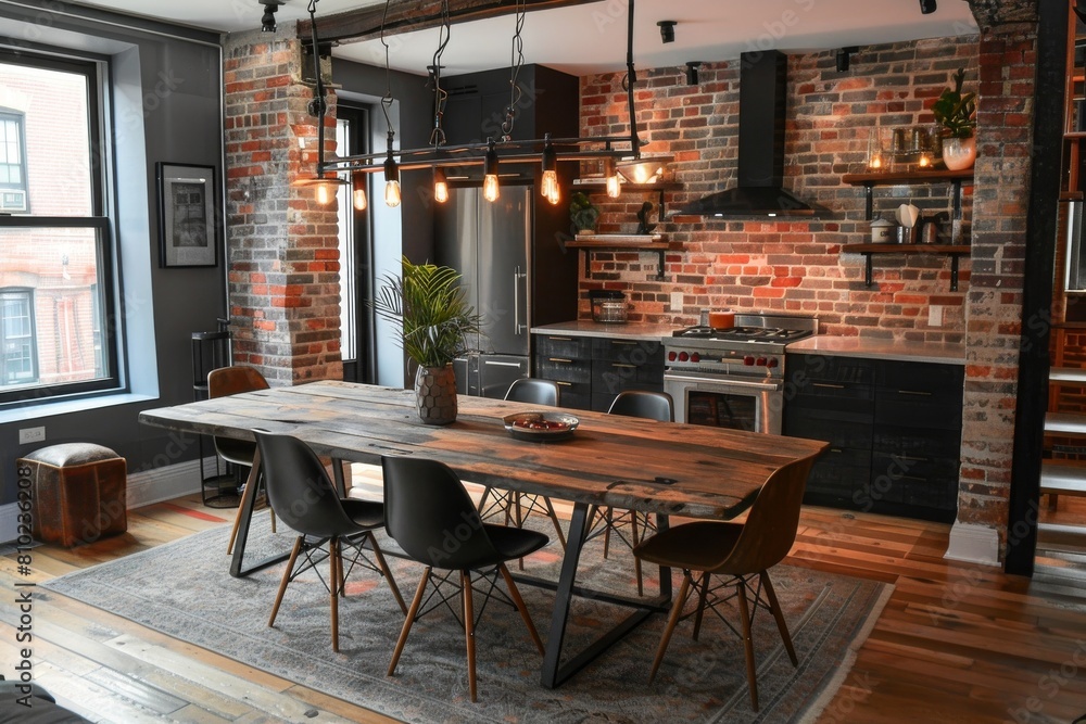 Modern Industrial Dining Area: Wooden dining table with metal legs, mismatched chairs, exposed brick feature wall, industrial-style chandelier