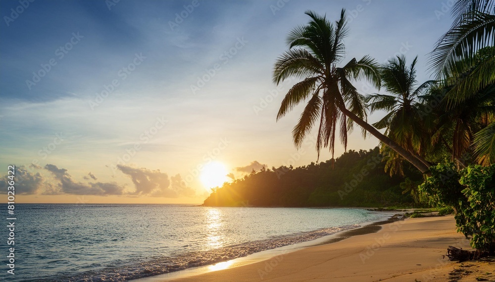 sunset on a tropical beach with palm trees