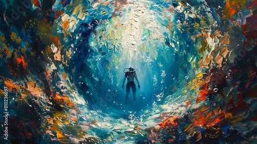 Compose a traditional oil painting of a wide-angle view spearfishing expedition photo