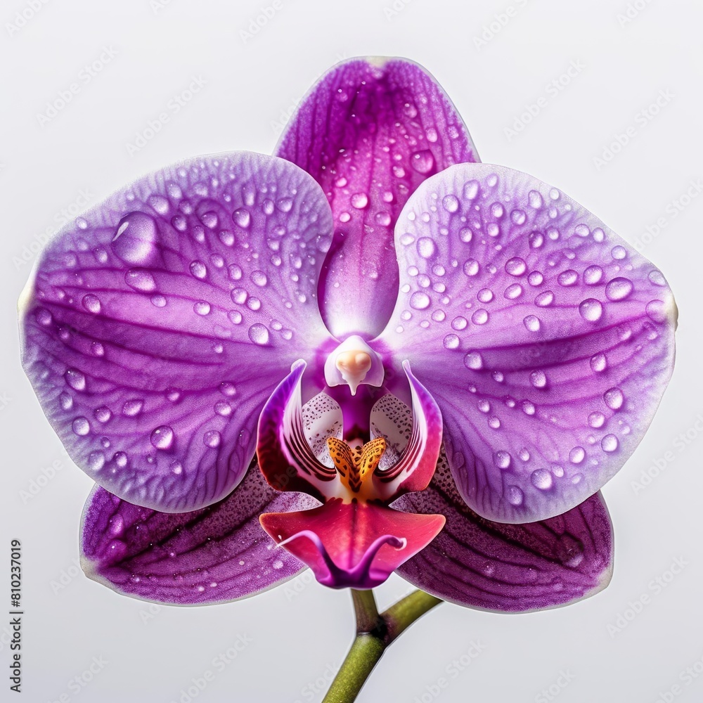 Single purple orchid with water droplets, meticulously placed on a glossy white background for a luxurious invitation design Single purple orchid with water droplets, meticulously placed on a glossy white background for a luxurious invitation design