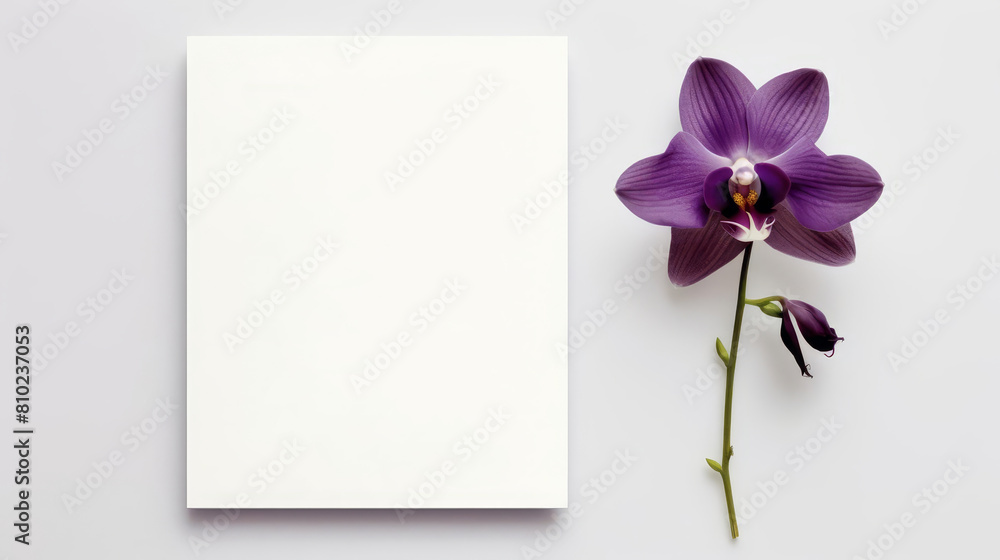 Wedding invitation with a minimalist design, showcasing a single purple orchid against a stark white background Wedding invitation with a minimalist design, showcasing a single purple orchid against a stark white background