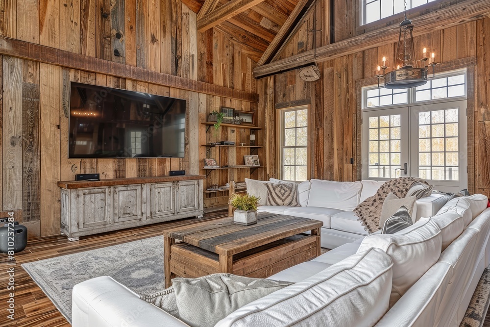 Rustic Elegance in Loft Living Room with Wooden Paneling and Cozy Seating Rustic Elegance in Loft Living Room with Wooden Paneling and Cozy Seating