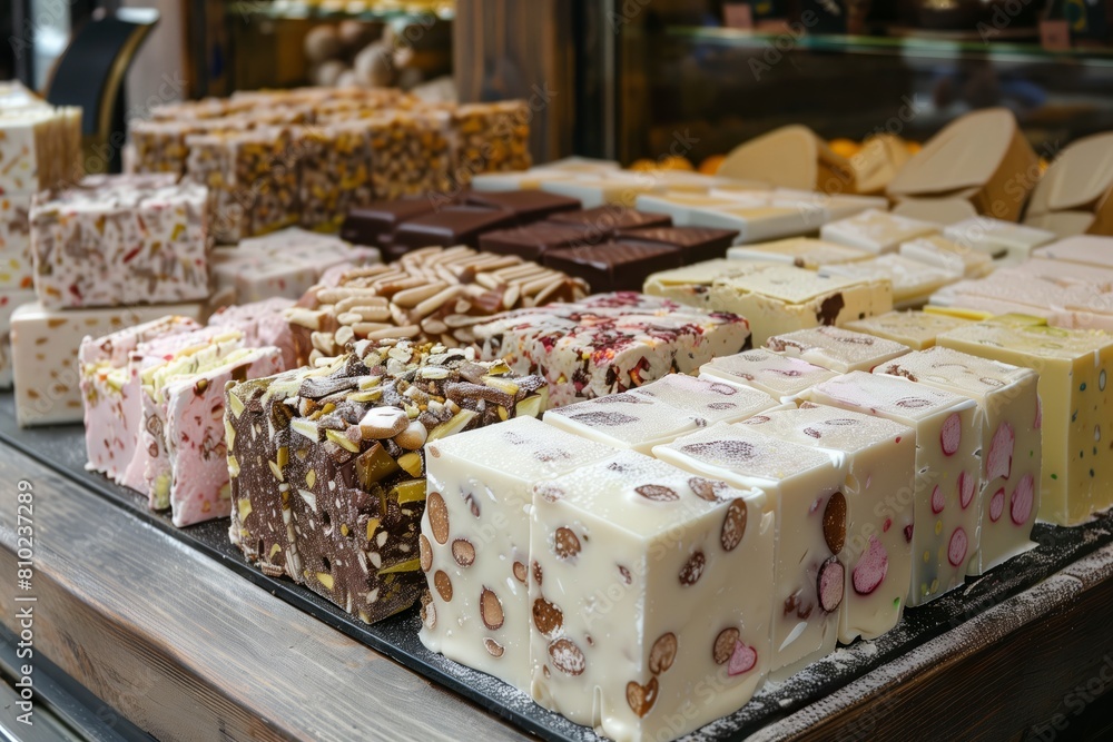Assorted luxury nougat and chocolate bars with various nuts, fruits, and toppings displayed at a market Assorted luxury nougat and chocolate bars with various nuts, fruits, and toppings displayed at a market