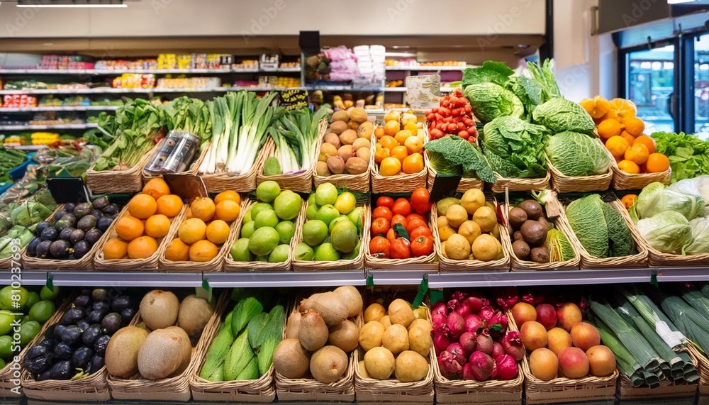 bountiful fruit and vegetable counter displayed at a bustling supermarket
