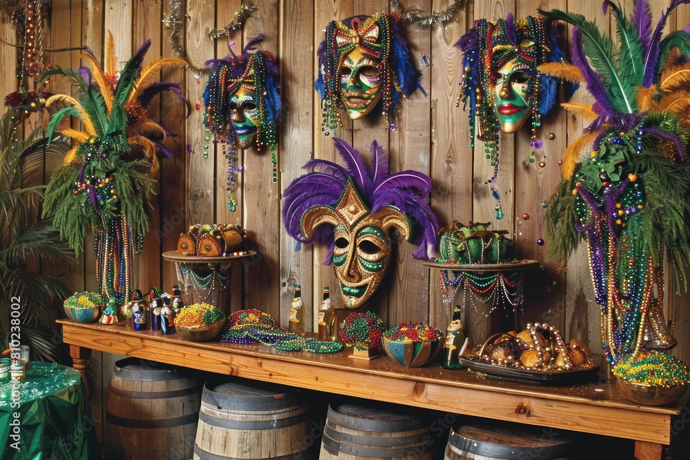 Mardi Gras celebration scene with decorative masks and beads displayed in a festive bar setting