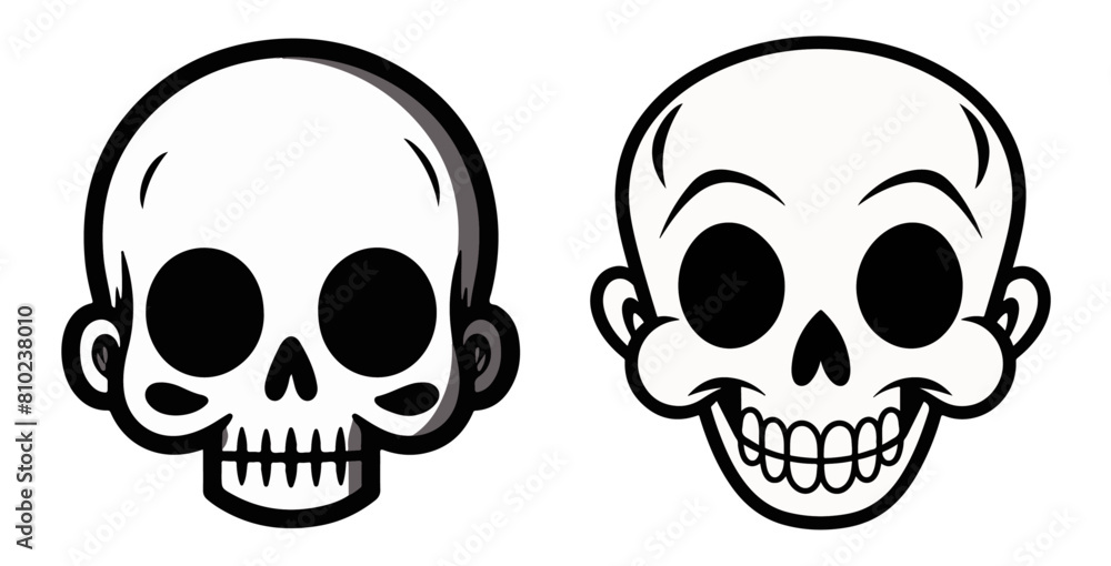 human skull head face logo design cartoon, black and white vector hand-drawn illustration in a bold graphic style, simple shape silhouette