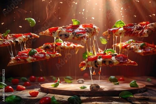 Levitating Pizza Slices with Colorful Toppings Against Warm Cherry Wood Backdrop  Sunlit and Backlit