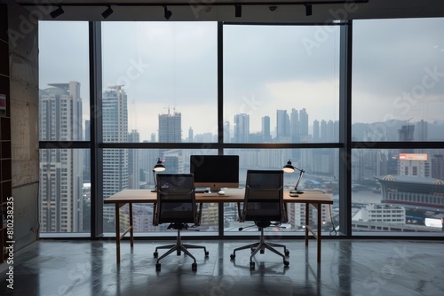 Urban Skyline Office with Triple Monitor Setup and Expansive City Views
