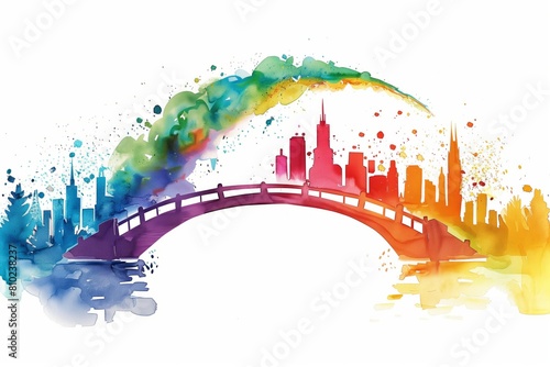 Watercolor skyline with a colorful bridge spanning over a vivid cityscape in bold hues