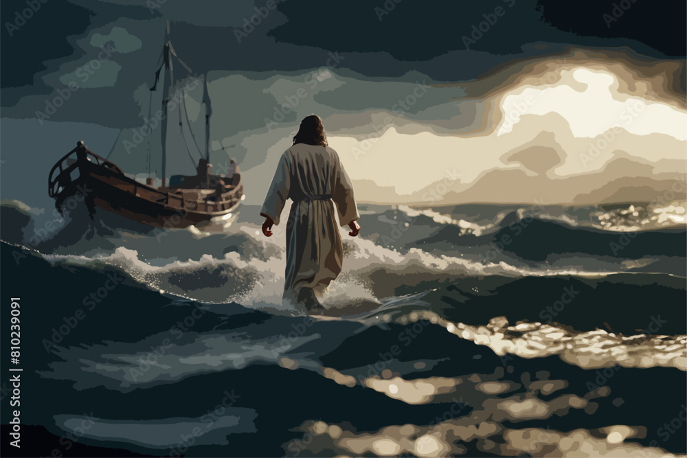 High Detailed Full Color Vector - Image of Jesus walking on water in