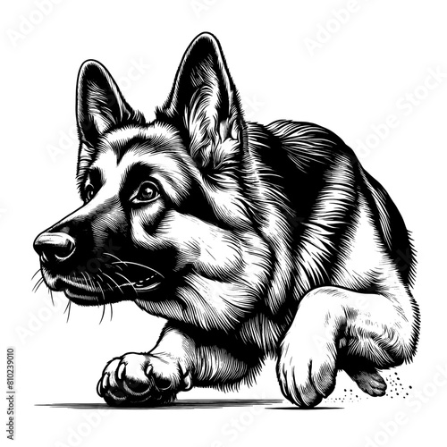 Cute German Shepherd in full-body, hand drawn sketch. Vector isolated on white background	