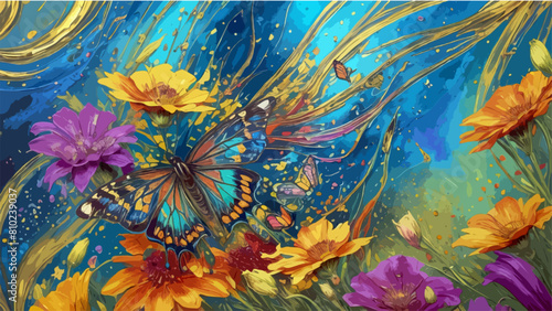 High Detailed Full Color Vector - Modern Abstract Art Butterfly and Flower Effect Evolving into Colorful Thick Oil Splash, Spray and Symmetrical Effects