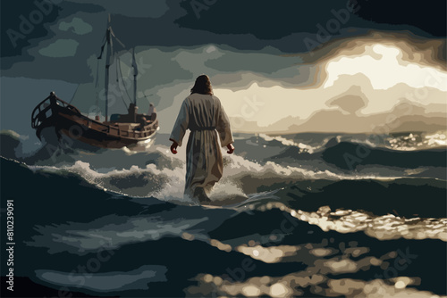 High Detailed Full Color Vector - Image of Jesus walking on water in storm, Vector EPS