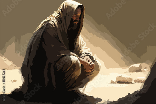 High Detailed Full Color Vector - From the Bible, who will be casting the first stone, Jesus writing with His finger in the sand, Vector EPS