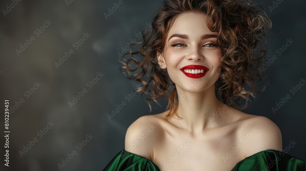 Portrait a sexy woman fashion mode in green mini dress over dark gray wall background. Generated AI