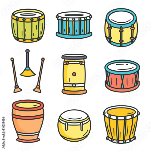 Collection colorful percussion instruments including drums, bongos, drumsticks, drum uniquely designed different colors patterns. Cartoon style illustration ideal musicthemed projects photo