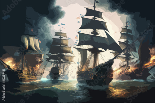 High Detailed Full Color Vector - Historical painting of Sea battle in late 18th early 19th century, Ships ablaze, Vector EPS