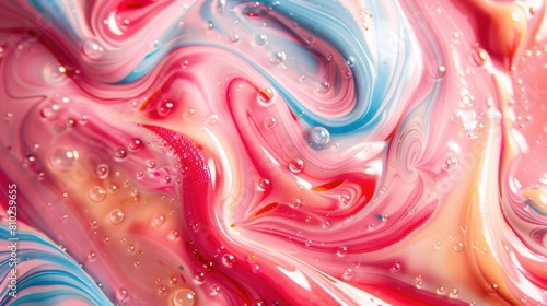 A detailed closeup of a vibrant red, white, and blue paint swirl showcasing a mesmerizing pattern resembling a geological phenomenon with hints of magenta and electric blue mixed in the liquid paint