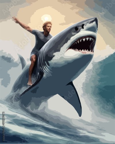 High Detailed Full Color Vector - Man Surfing on the Back of a Great White Shark, Vector EPS