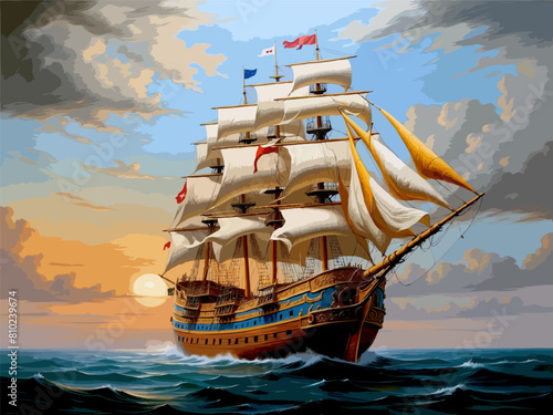 High Detailed Full Color Vector - Historical painting of late 18th early 19th century Large Sailing Ship, Vector EPS