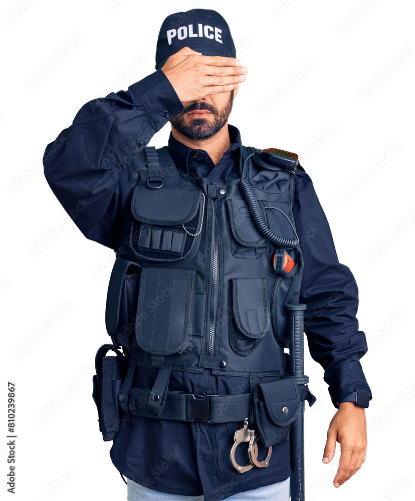 Young hispanic man wearing police uniform covering eyes with hand, looking serious and sad. sightless, hiding and rejection concept Young hispanic man wearing police uniform covering eyes with hand, looking serious and sad. sightless, hiding and rejection concept