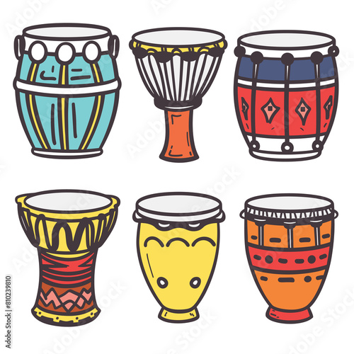 Collection colorful handdrawn percussion instruments isolated white background. Various types drums decorative patterns vibrant colors. Set ethnic musical instruments cartoon style