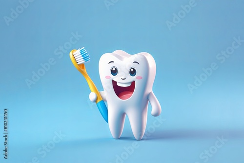 Cartoon smiling tooth holding a toothbrush in his hands